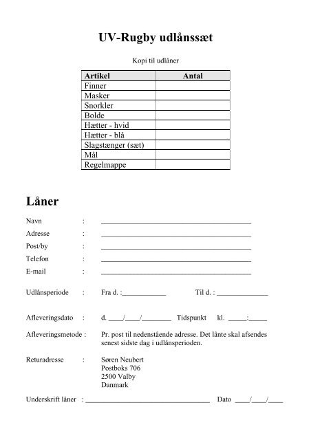 Kvittering for lÃ¥n af uv-rugby udstyr - Uv-Sport