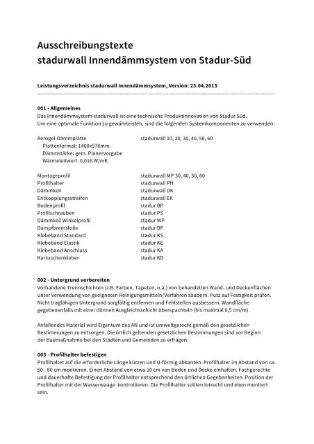 Ausschreibungstexte stadurwall InnendÃ¤mmsystem von Stadur-SÃ¼d