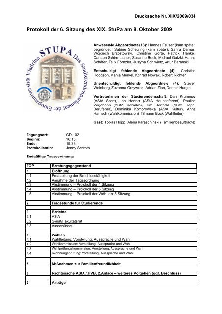 Protokoll der 6. Sitzung des XIX. StuPa am 8. Oktober 2009
