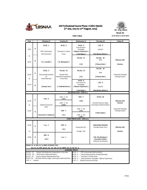 time table week - lbsnaa