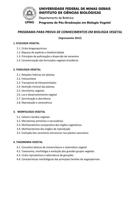 programa para prova de conhecimentos em biologia vegetal - ICB