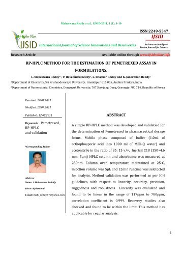 rp-hplc method for the estimation of pemetrexed ... - Ijsidonline.info