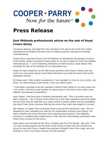 Cooper Parry Advises on Sale of Royal Crown Derby - PrimeGlobal