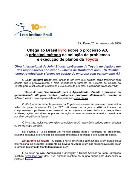 Chega ao Brasil livro sobre o processo A3 - Lean Institute Brasil