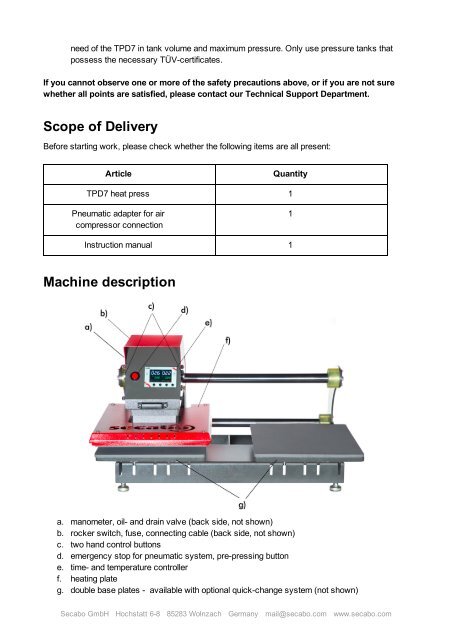 OPERATING INSTRUCTIONS for the heat press Secabo TPD7