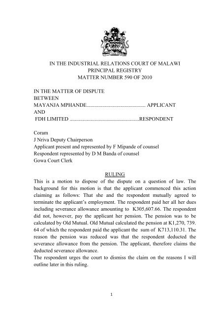 In The Industrial Relations Court Of Malawi Principal - 
