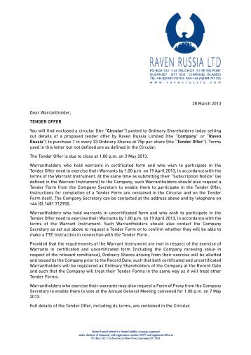 Letter to Warrantholders - Tender Offer March 2013 - Raven Russia ...