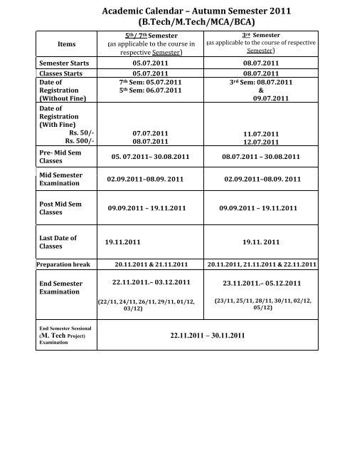 Academic Calendar â Autumn Semester 2011 (B.Tech/M.Tech/MCA ...