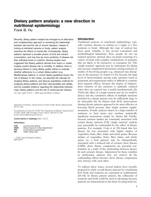 Dietary pattern analysis: a new direction in nutritional epidemiology