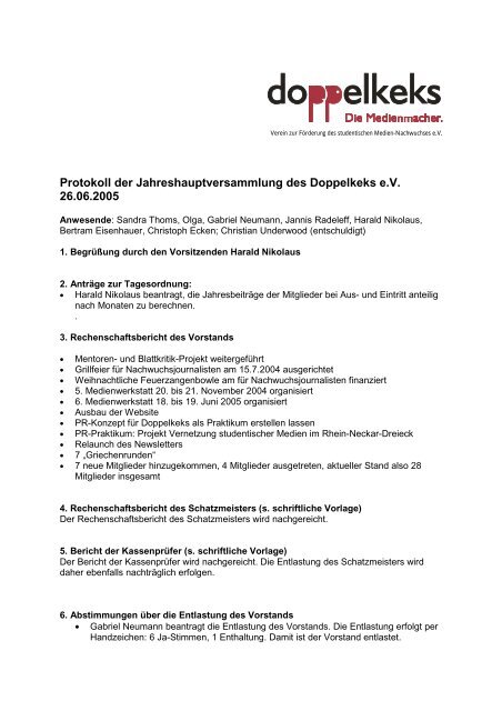 Protokoll der Jahreshauptversammlung des Doppelkeks e.V. 26.06 ...