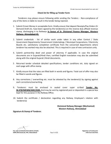 Check list for filling up Tender Form Tenderers ... - Western Railway