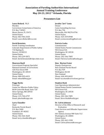 Presenters List - Association of Paroling Authorities International