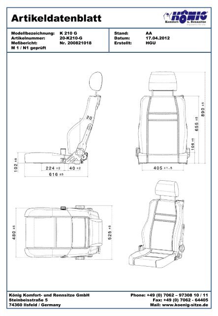 Artikeldatenblatt K 210 G - KÃ¶nig Komfort- und Rennsitze GmbH