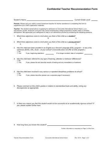 Confidential Teacher Recommendation Form - Concordia ...