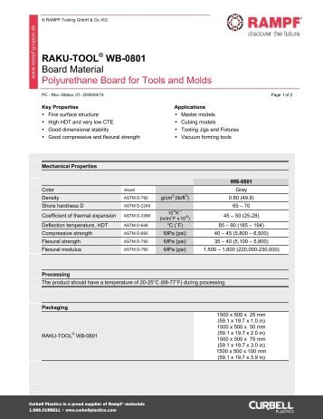 RAKU-TOOL WB-0801 Polyurethane Board for Tools and Molds