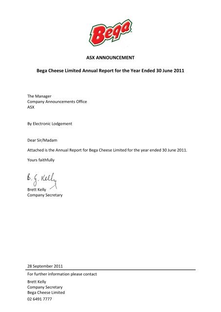 ASX ANNOUNCEMENT Bega Cheese Limited ... - Open Briefing