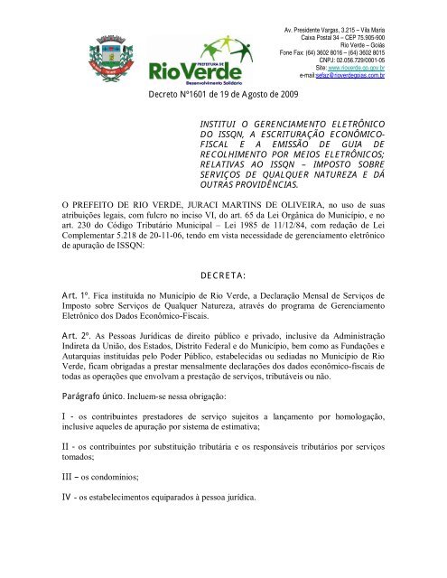 Decreto 1601/2009 no formato de PDF - Prefeitura de Rio Verde