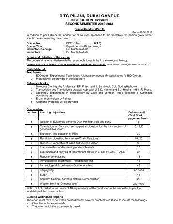 Experiments In Biotechnology - Student Welfare Division - BITS Pilani