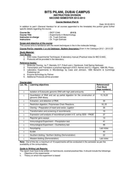 Experiments In Biotechnology - Student Welfare Division - BITS Pilani