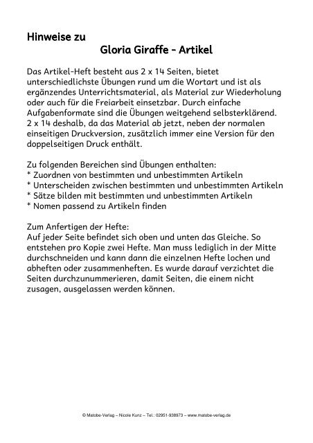 Bestimmte Und Unbestimmte Artikel Matobe Verlag