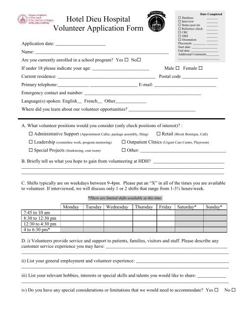 Volunteer Placement Form - Hotel Dieu Hospital