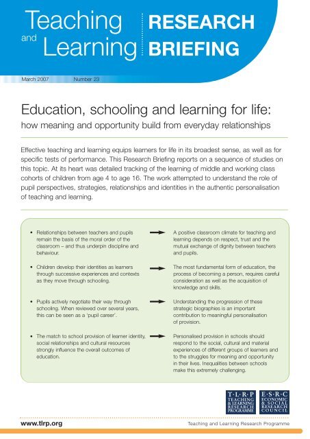 Education, schooling and learning for life - Teaching and Learning ...