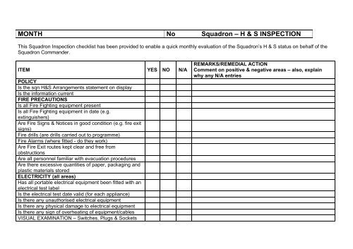 Squadron Health And Safety Inspection Checklist