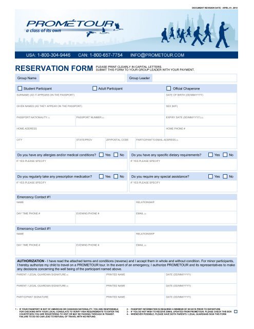 RESERVATION FORM - Prometour