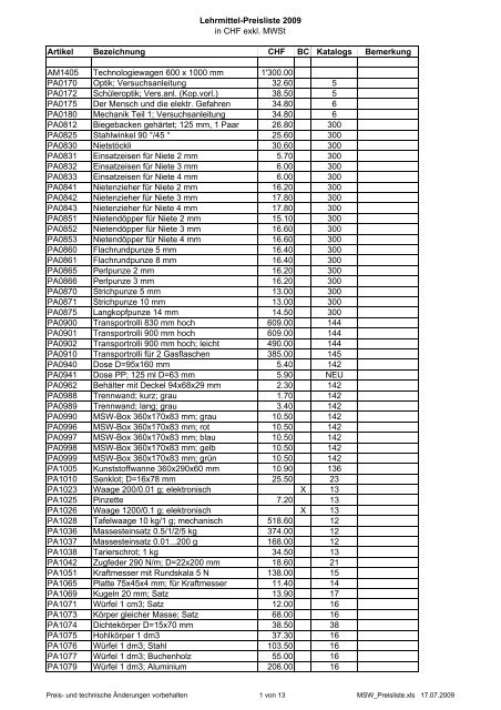 Preisliste - Bachmann Lehrmittel AG