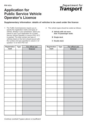 Application for Public Service Vehicle Operator's Licence (PSV 421A)