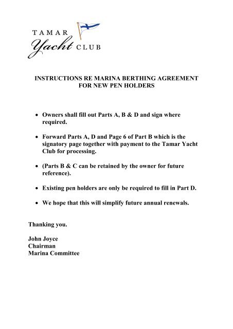 Marina Berthing Agreement - Tamar Yacht Club