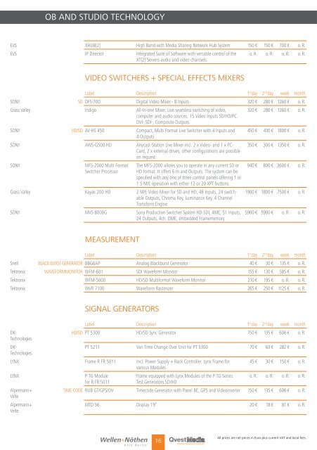 Rental Price List - Wellen+NÃ¶then