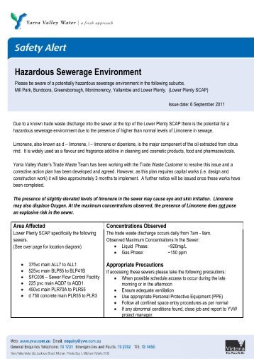 Hazardous Sewerage Environment - Yarra Valley Water