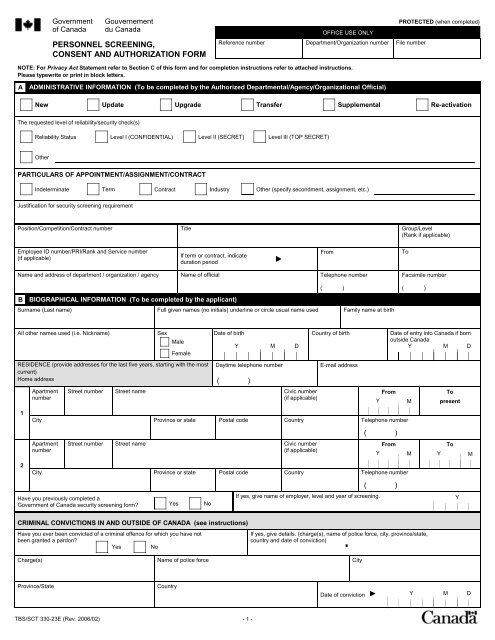 330-23 - Personnel Screening, Consent and Authorization Form