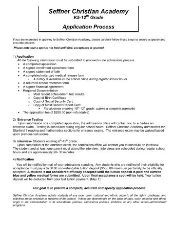 Seffner Christian Academy APPLICATION FOR ADMISSION