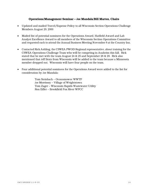 November 8, 2000 Annual Business Meeting - Central States Water ...