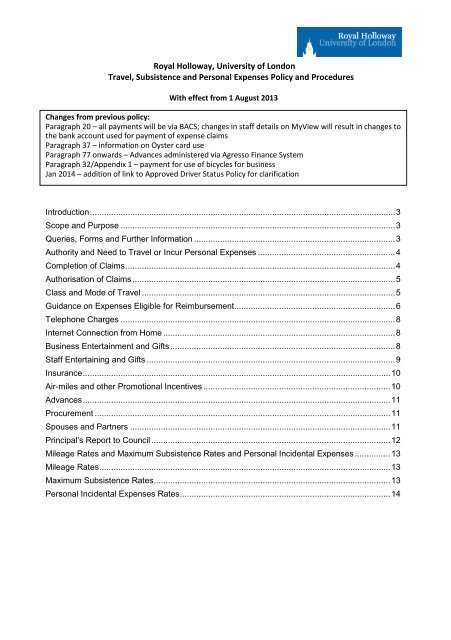 Travel and Subsistence Policy - Royal Holloway, University of London