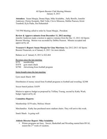 All Sports Booster Club Meeting Minutes January 8, 2013 Attendees ...