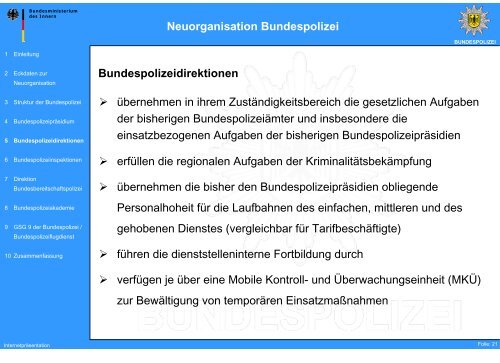 Neuorganisation Bundespolizei - des Bundesministerium des Innern