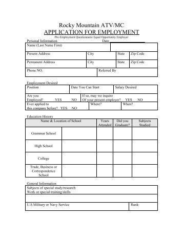 Rocky Mountain ATV/MC APPLICATION FOR EMPLOYMENT