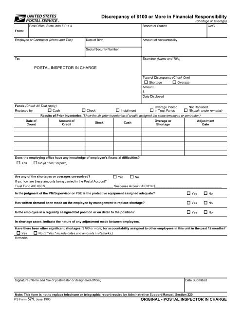 PS Form 571 Discrepancy of $100 or More in NALC Branch 78