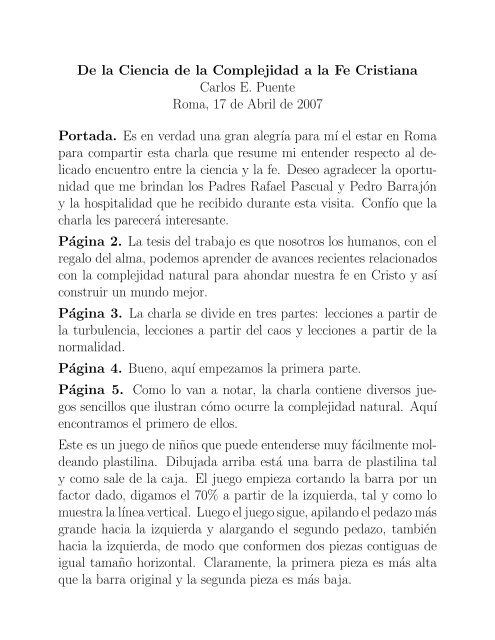 De la Ciencia de la Complejidad a la Fe Cristiana Carlos E. Puente ...