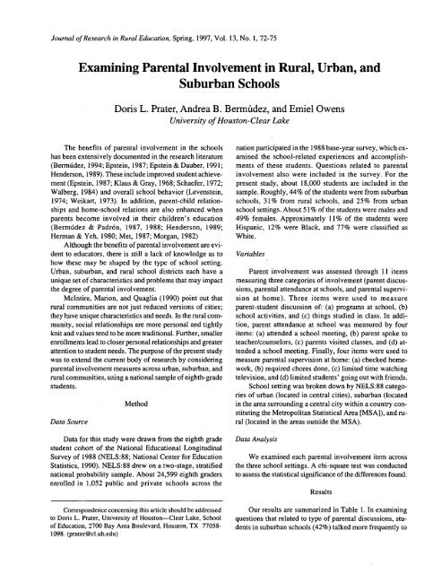 Examining Parental Involvement In Rural Urban And Suburban