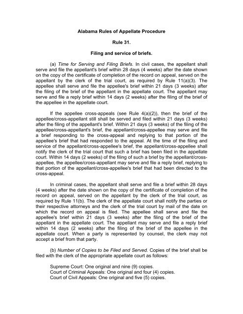 Alabama Rules Of Appellate Procedure Rule 31 Filing And Service 