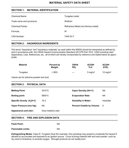 MSDS for Corbin EZFlow Tungsten