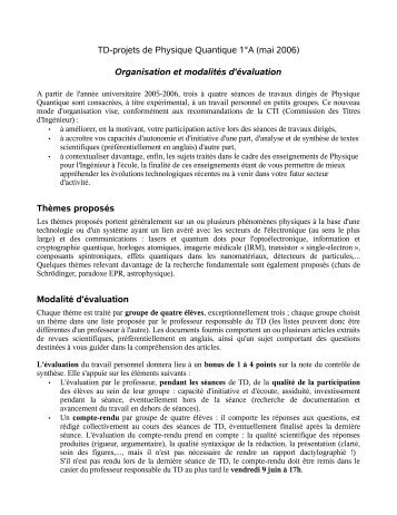 TD-projets de Physique Quantique 1°A (mai 2006 ... - Sylvain REYNAL