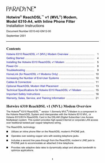 Hotwire ReachDSL v1 (MVL) Modem, Model 6310-A4, with Inline ...