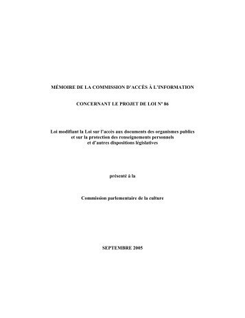 MÃ©moire sur le projet de loi no 86, Loi modifiant la Loi sur l'accÃ¨s aux