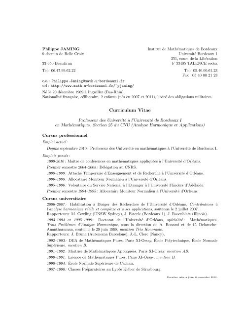 Curriculum Vitae - Institut de MathÃ©matiques de Bordeaux ...