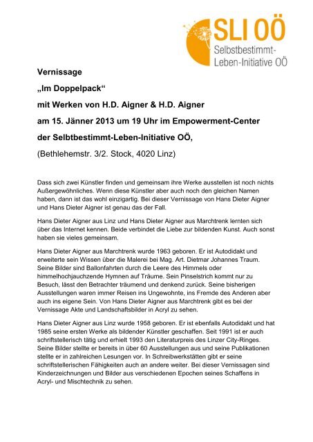 Vernissage - Selbstbestimmt-Leben-Initiative OÃ